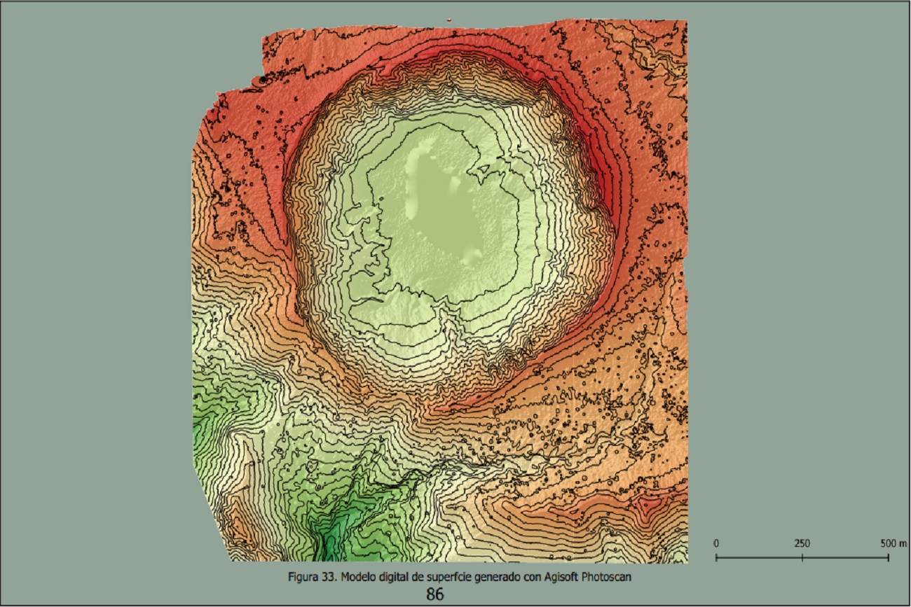 El modelo digital del terreno generado a partir del levantamiento fotogramétrico en el volcán Chichón tiene un tamaño de pixel de 0.2034 metros